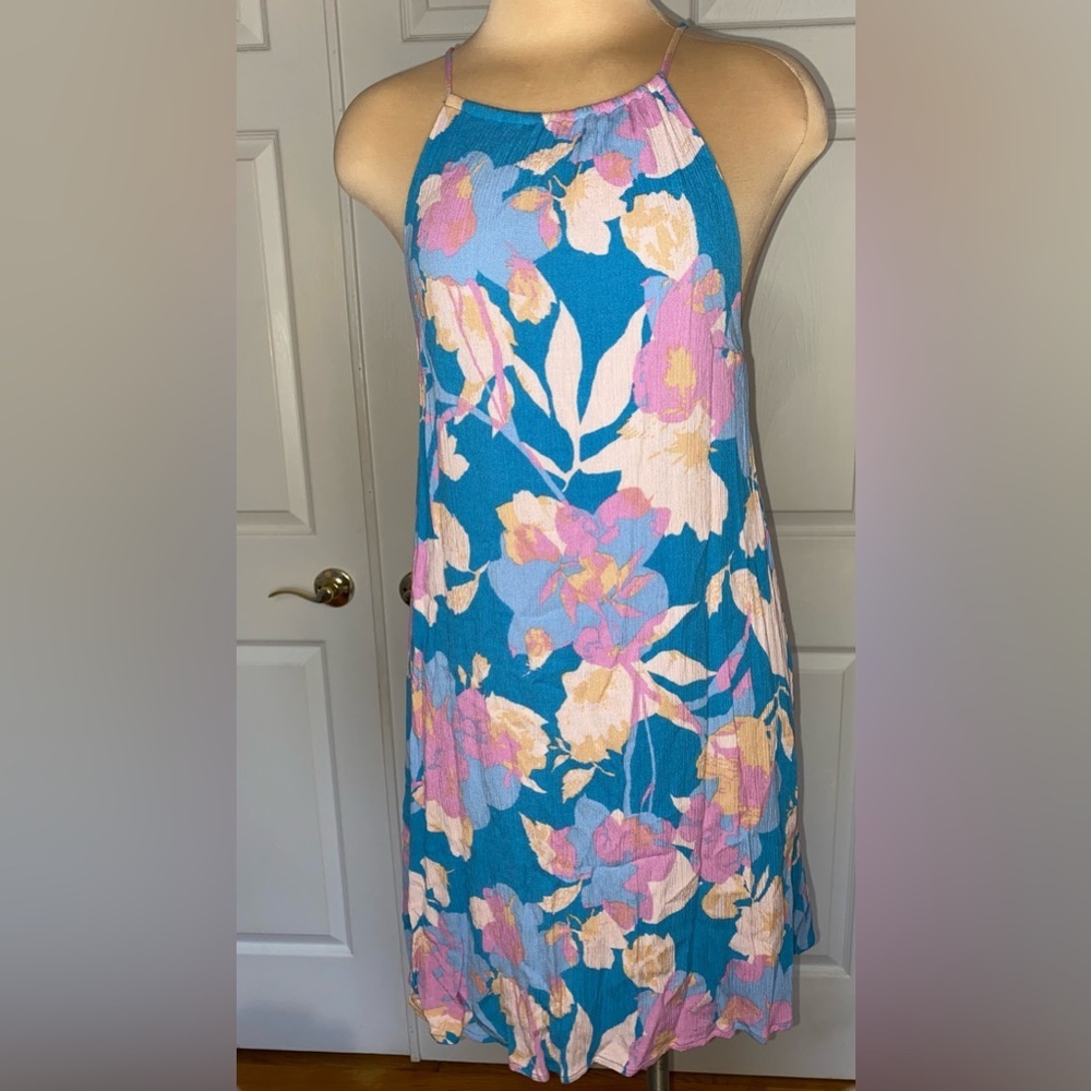 Boho Chic Floral Halter Mini Dress in Blue and Pink, Summer